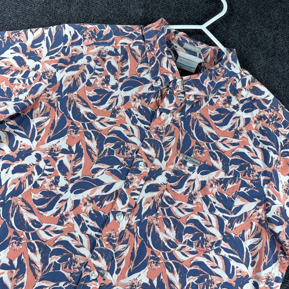Columbia‎ Button Up Shirt Mens M Medium Coral Blue Floral Tropical Leaf AM0094